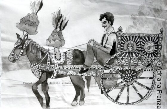 cuscino_dipinto-pezzo_unico-carretto_siciliano-cavallo_bardato-nappe-fichi_d'india-ruota-carro-barocco-festa_di paese-bianco_e_nero-souvenir_artistico-ricordo_di_sicilia-regalo-noto