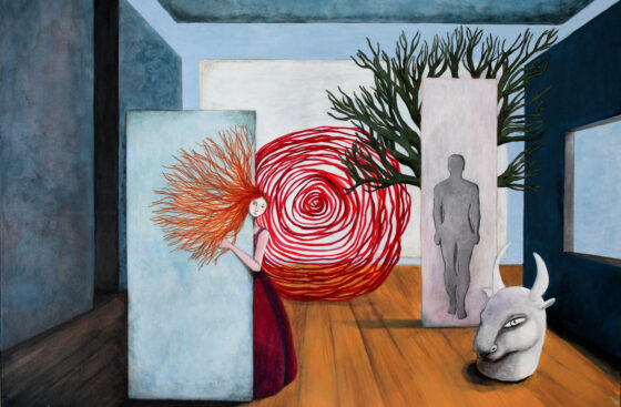 arianna_e_teseo-quadro_surrealista-minotauro-labirinto-mitologia-liberazione-intelligenza_femminile-femminismo_toro-museo-architettura-Asterione-spirale