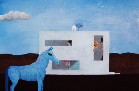 quadro_metafisico-barricati-circo-attori-timidezza-cavallo_blu-dipinto_libertà-gioia_di_vivere-attori-maschere-simbolismo-architettura-nascondersi