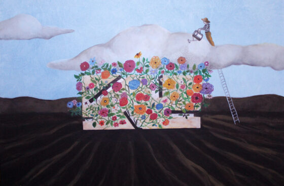 surrealismo-simbolismo-quadro_surrealista-poetico-pensatore-cervello-giardiniere-fiori-innaffiare-riflettere-creatività-nuove_idee-architettura-amore_per_la_natura