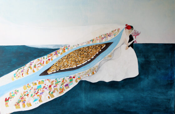 quadro_surrealista_arte naive-viaggio di Nozze- matrimonio-viaggio-sposi-bouquet_atipico-albero_della_vita-cammino_dell'esistenza-quadro_naive-blu-albero_rosso-cambiamento-amore-promessa-quadro_su_tela_matrimonio-parigi