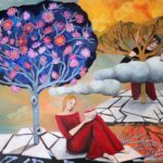 quadro_surrealista-poesia-anni'30-storia_d'amore-albero_blu-fiori_di_loto-rinascita-ginko_biloba-cretto_di_burri-zattere_sciolte-nuvole_sparse-radici-antonia_pozzi