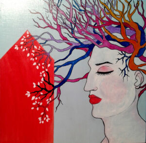 profilo-femminile-quadro-surrealismo-casa-rossa-capelli-radici-attaccamento-alle-origini