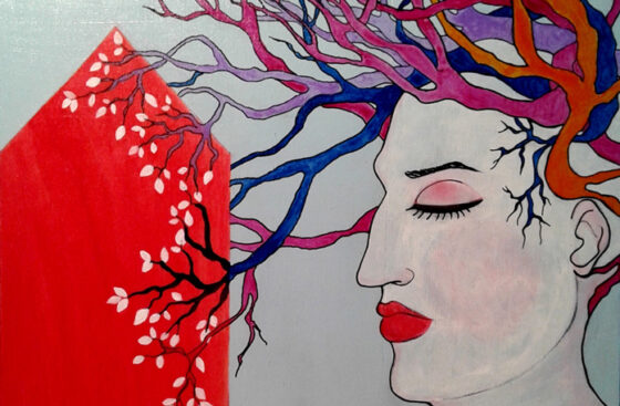 profilo-femminile-quadro-surrealismo-casa-rossa-capelli-radici-attaccamento-alle-origini