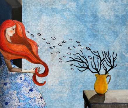 quadro-surrealista-donna-capelli.rossi-occhi-vento-interno-romantico-carta-da-parati-vintage-blu