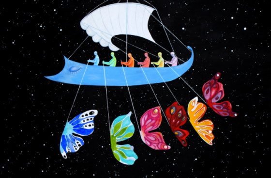 trireme greca-nave-antica-rematori-universo-stelle-destino-navigatori-ignoto-quadro surrealista-farfalle-volare