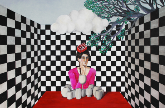 quadro-scacchiera-piastrelle-bianco-e-nero-albero-labirinto-donna-bicchieri-malinconia