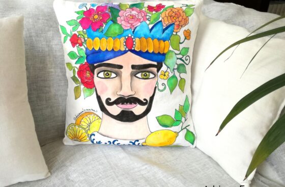 hand_painted_cushion-modern_moor_head-turban-lemons-flowers-hand_painted-unique_gift-home_decor-sicily-original_pillow_case- noto-sicilian_artistic_souvenir-yellow-blue