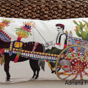 hand-painted_cushion-single-piece_homedecor_multicolor-sicilian-folklore-sicily's_traditions-barded_horse-colorful_tassels-prickly pears-painted_wheel-cart-baroque-village_fest-colors-artistic-souvenir_of_sicily-gift_for_sicily_lovers