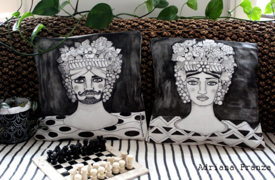 original_cushions_head_vases-sicilian-folklore_sicilian_heads_ of ceramic-flower_holders_sicily_arabian_traditions_sicilian_moorish_heads_turkish_heads-ancient_legends_lovers_of_palermo-artistic_souvenirs_sicilian-cushions_hand_painted-homedecor_design_white_and_black-unique-gift