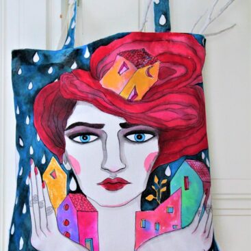 surrealist_painting-rain-red_hair-one_of_a_kind-hand_painted_bag-unique_gift