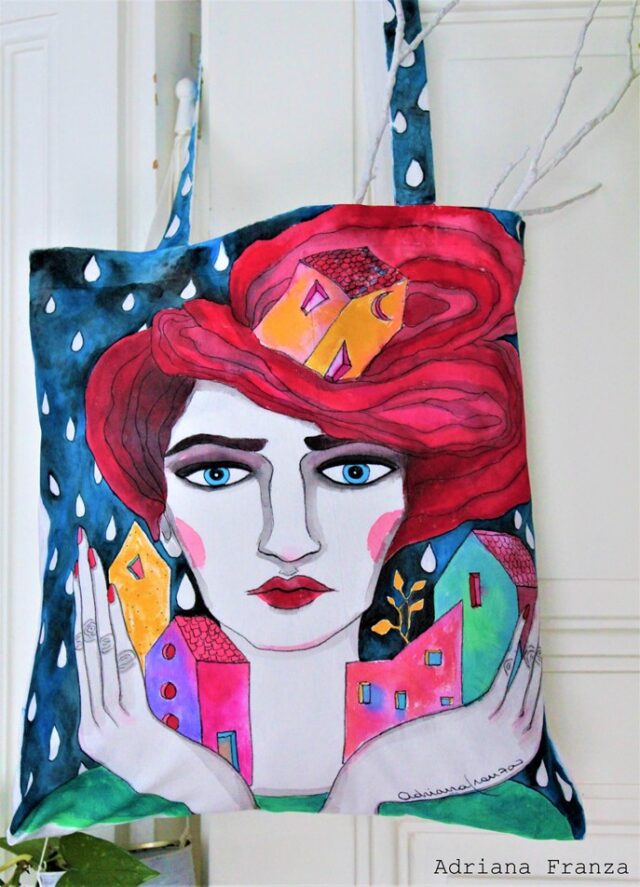 surrealist_painting-rain-red_hair-one_of_a_kind-hand_painted_bag-unique_gift