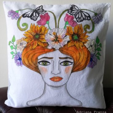 hand_painted_cushion-woman_head-grottesque-sicily-art_nouveau-sunflowers-butterflies-art_nouveau-hand_painted-unique_gift-home_decor-original_pillow_case