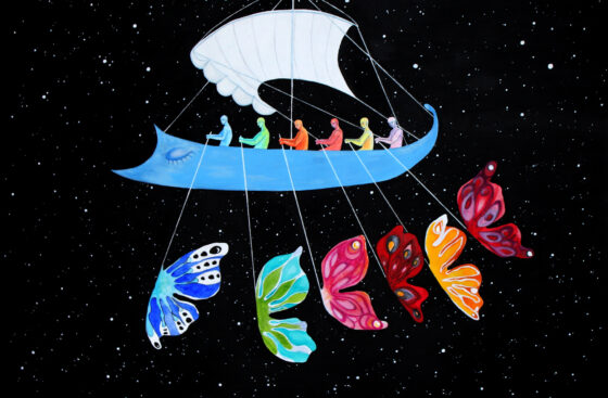 Greek trireme-ship-ancient-rowers-universe-stars-destiny-navigators-unknown-surrealist painting-butterflies-fly