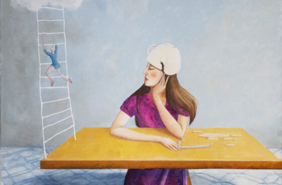 surrealist-painting-breakfast-woman-table-cloud-conscience-fear-cup-straw-thoughts-reflections-dreamers