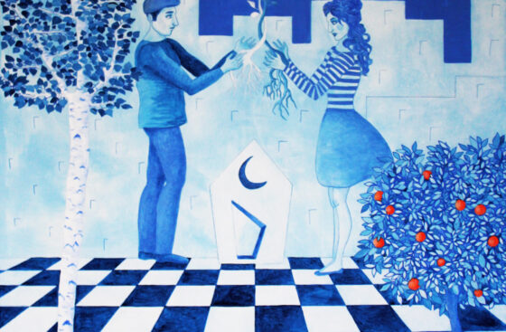 surrealism-symbolism-painting-surrealist-poetic-marriage-promise-alliance-pact-union-new_life-love-relationship-man_woman-bride-flowers-new_house-chessboard-destiny-blue_painting-total_blue-roots-bluemoon