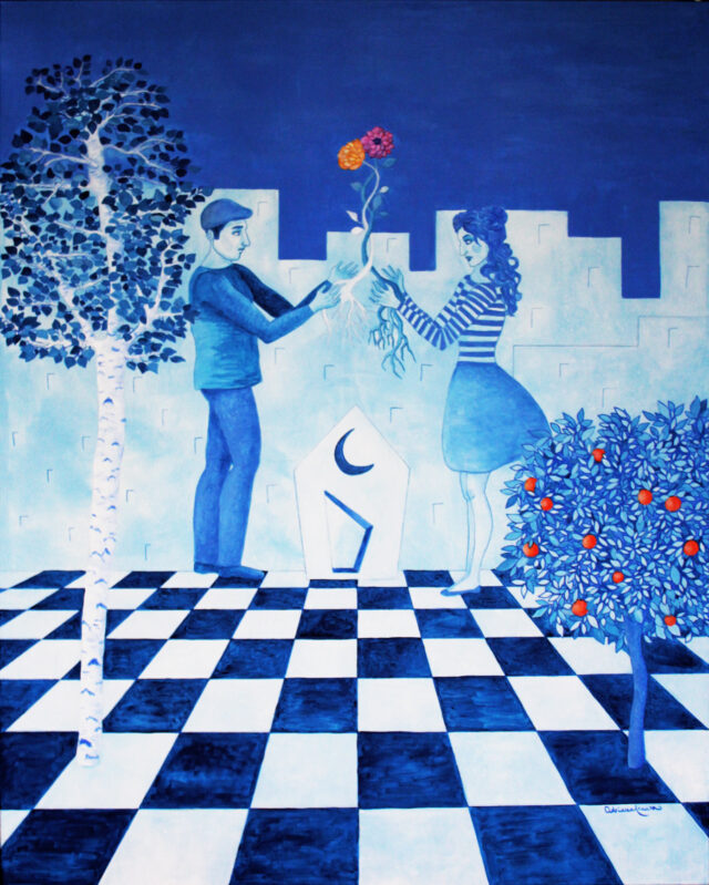 surrealism-symbolism-painting-surrealist-poetic-marriage-promise-alliance-pact-union-new_life-love-relationship-man_woman-bride-flowers-new_house-chessboard-destiny-blue_painting-total_blue-roots-bluemoon