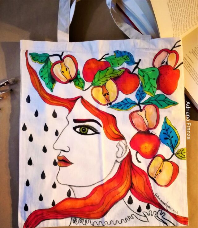 surrealist_painting-leaves_hair-apples-woman_face-multicolor-one_of_a_kind-hand_painted_bag-unique_gift