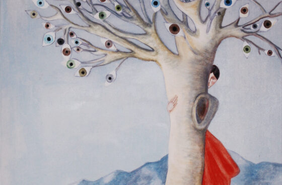 Surrealist-painting-eyes,perceptions-woman-tree-symbosis,roots,goldfish,hiding-perceiving-emotions-shyness