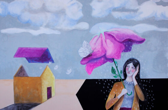 surrealist-painting-rain-clouds-roofless-house-umbrella-woman-melancholy-anthropomorphic-clouds-impossible-kiss-painting