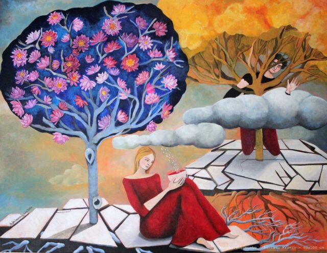 surrealist_painting-poetry-30s-lovestory-tree_ blue-flowers_of lotus-rebirth-ginko_biloba-cretto_di_burri-rafts-scattered_clouds-roots-antonia_pozzi