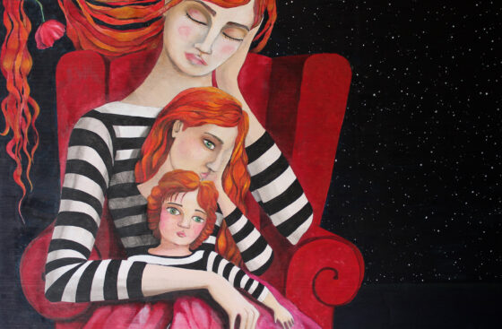 surreal_painting-dreamy-fairytale_atmosphere-woman_sleeping-red_armchair-night-poppy-opium-the_big_sleep-interpretation_of_dreams-painting_on_wood-striped_t-shirt