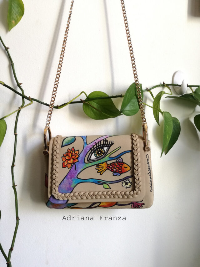 hand_painted-bag-faux_leather_suede_effect.unique_cross_body_bag__and_golden-metal-removable_shoulder_strap-fish-eye-tree-flowers-multicolor-spring