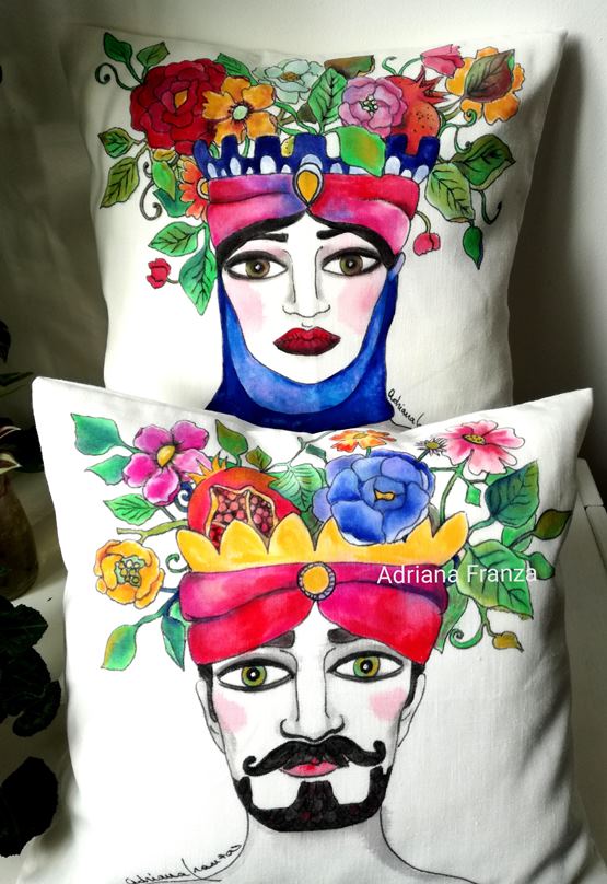 hand_painted_cushions-modern_moor_heads-turban-red-pomegranate-flowers-hand_painted-unique_gift-home_decor-sicily-original_pillow_case-noto-sicilian_souvenir