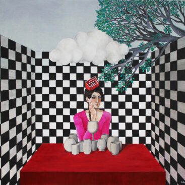 checkerboard-tiles-black-and-white-tree-labyrinth-woman-empty-glasses-melancholy-painting-surrealismus