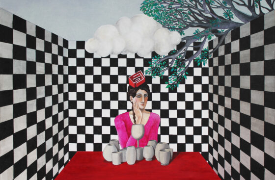 checkerboard-tiles-black-and-white-tree-labyrinth-woman-empty-glasses-melancholy-painting-surrealismus