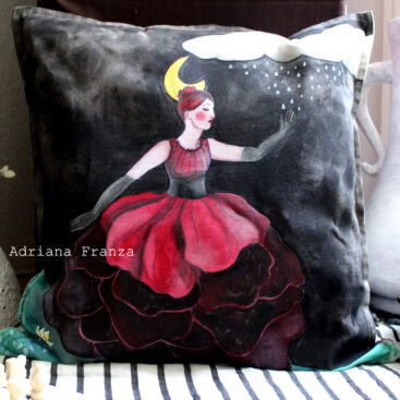 unique_pillow_case-red-black-symbolism-magic-energy-surrealism-hand_painted_cushion-unique_gift-home_design-moon-ballerina-rain