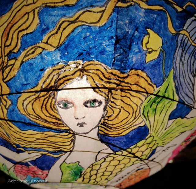 Hand_painted_chandelier_ blue_ocean- mermaids -wawes-vintage_style- -unique- whimsical_lamp-colorful –fairytale_design - artistic_home_decor-art_piece_unique -paper -gift_for_home -one_of_a_kind