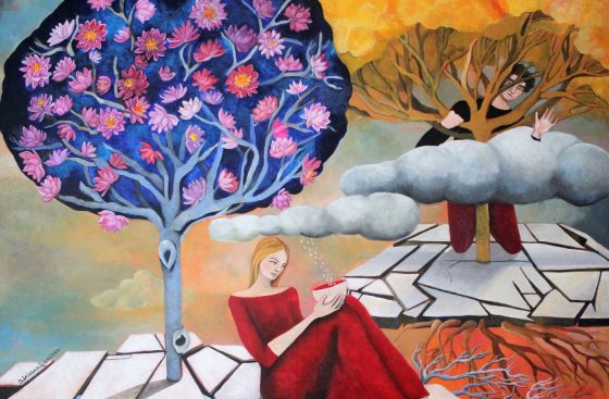 Reunion-painting, lotus-flowers,gingko-tree