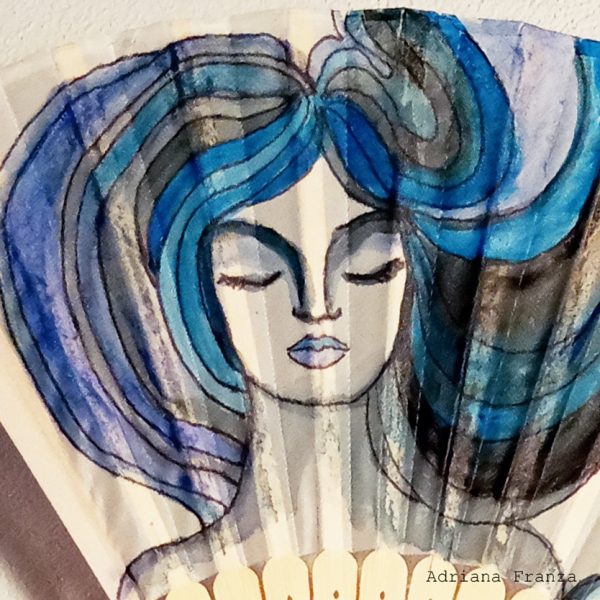 hand-painted-fan-blue-waves-hair-women