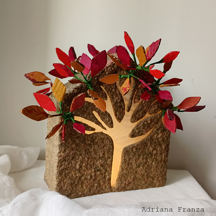 house and tree- sculpture-lamp-papermache-ecodesign-recycle-home-decor